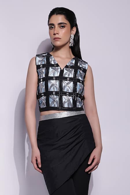 Devina Juneja Black & Silver Applique V Neck Crop Top 