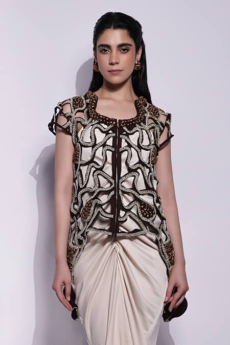 Devina Juneja_Off White Crepe Round Neck Cascading Ruching Maxi Dress_Online_at_Aza_Fashions