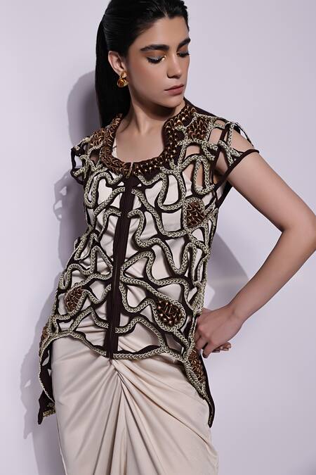 Shop Devina Juneja Brown Crepe Applique Mandarin Collar Matka Neck Jacket at Aza Fashions Shop_Devina Juneja_Brown Crepe Applique Mandarin Collar Matka Neck Jacket_at_Aza_Fashions