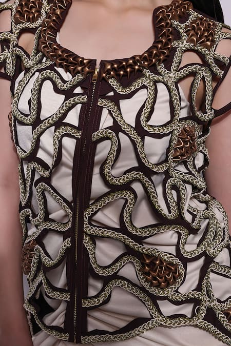 Devina Juneja Brown Crepe Applique Mandarin Collar Matka Neck Jacket Online at Aza Fashions Devina Juneja_Brown Crepe Applique Mandarin Collar Matka Neck Jacket_Online_at_Aza_Fashions