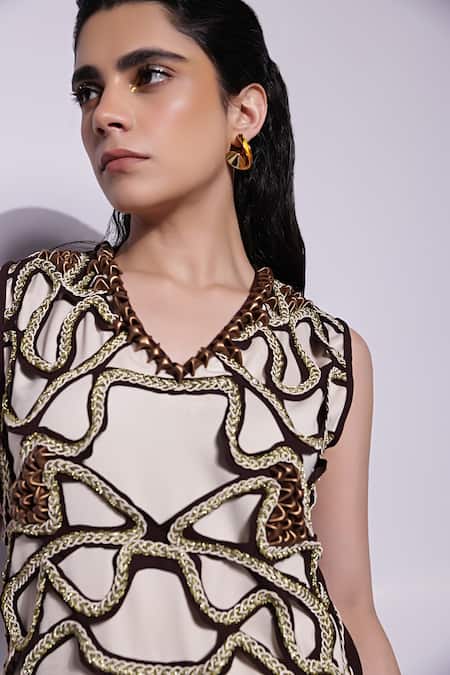 Shop_Devina Juneja_Brown Crepe, Satin Embroidery V-neck And Off White Applique Dress_at_Aza_Fashions