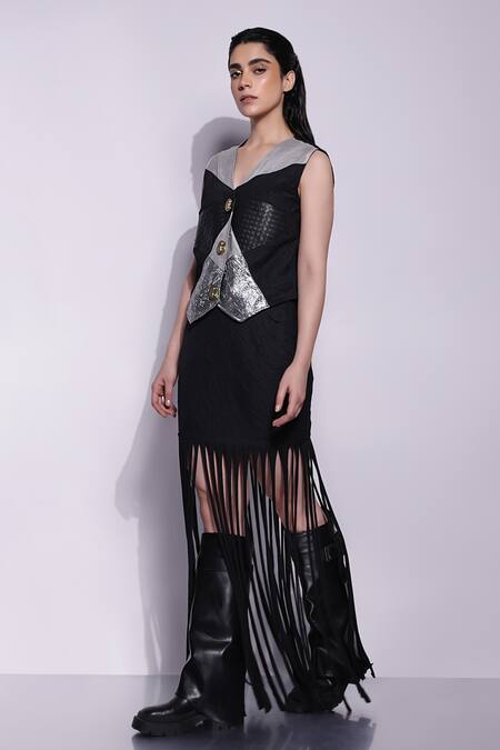 Shop_Devina Juneja_Black Lycra, Crepe Fringe Crushed Texture Skirt_at_Aza_Fashions