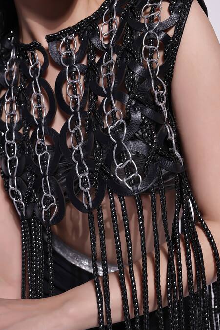 Devina Juneja_Black Leather Metallic Thread, Applique Open Neck Designer Dori Jacket_Online_at_Aza_Fashions