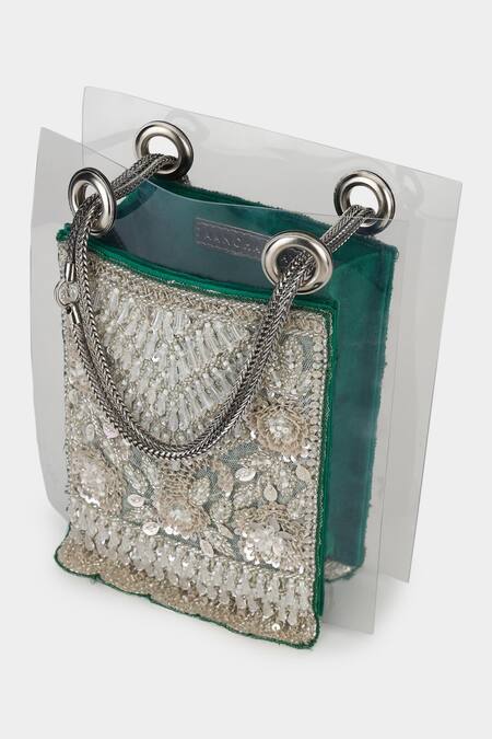 Shop Aanchal Sayal Emerald Green Cutdana Sequin Embroidered Panel Bag at Aza Fashions Shop_Aanchal Sayal_Emerald Green Cutdana Sequin Embroidered Panel Bag_at_Aza_Fashions