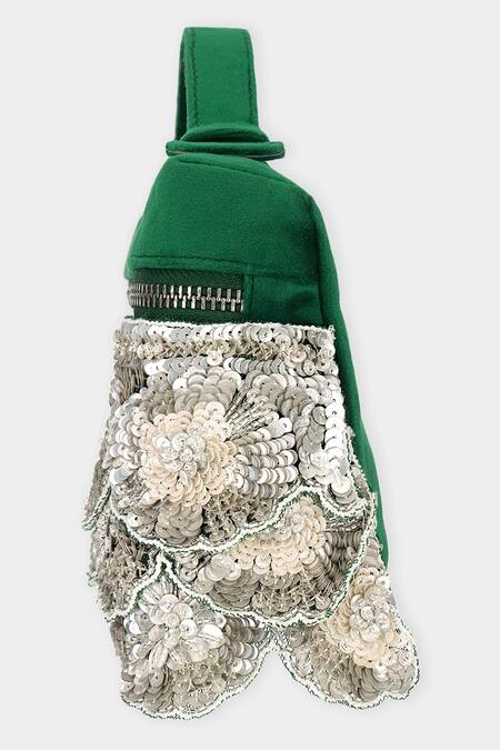 Aanchal Sayal_Emerald Green Cutdana 3d Scalloped Handbag_Online_at_Aza_Fashions