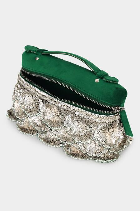 Buy_Aanchal Sayal_Emerald Green Cutdana 3d Scalloped Handbag_Online_at_Aza_Fashions