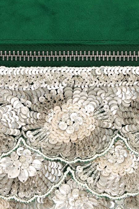 Shop_Aanchal Sayal_Emerald Green Cutdana 3d Scalloped Handbag_Online_at_Aza_Fashions