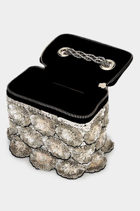 Buy Aanchal Sayal Black Cut Work, Sequins 3d Flora Embellished Box Bag Online at Aza Fashions Buy_Aanchal Sayal_Black Cut Work, Sequins 3d Flora Embellished Box Bag_Online_at_Aza_Fashions