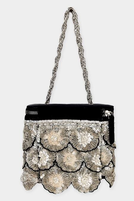 Shop Aanchal Sayal Black Cut Work, Sequins 3d Flora Embellished Box Bag at Aza Fashions Shop_Aanchal Sayal_Black Cut Work, Sequins 3d Flora Embellished Box Bag_at_Aza_Fashions