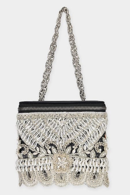 Shop Aanchal Sayal Black Cutdana Bloom Vine Embellished Box Bag at Aza Fashions Shop_Aanchal Sayal_Black Cutdana Bloom Vine Embellished Box Bag_at_Aza_Fashions