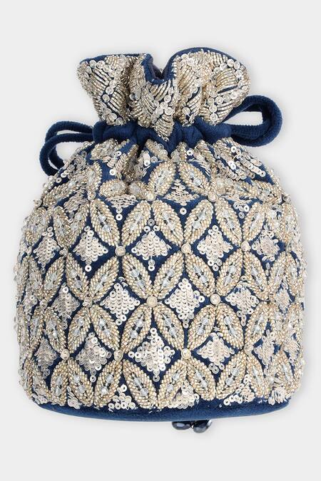 Shop Aanchal Sayal Blue Cutdana Bloom Embroidered Potli Bag at Aza Fashions Shop_Aanchal Sayal_Blue Cutdana Bloom Embroidered Potli Bag_at_Aza_Fashions