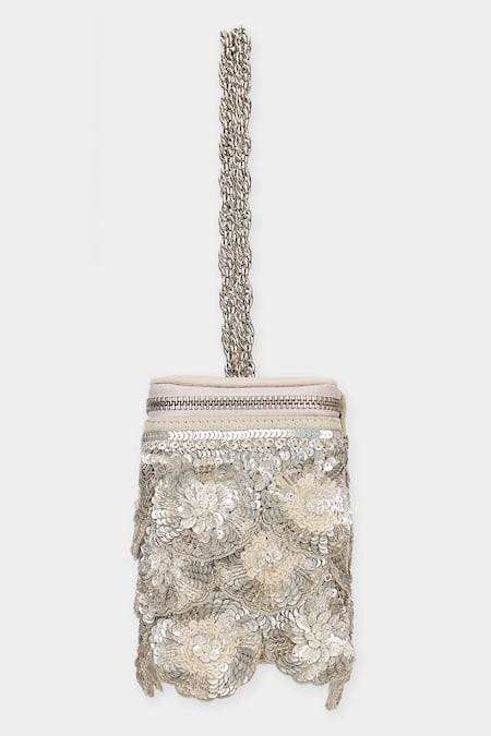 Aanchal Sayal Beige Cutdana And Silver 3d Floret Embellished Box Bag Online at Aza Fashions Aanchal Sayal_Beige Cutdana And Silver 3d Floret Embellished Box Bag_Online_at_Aza_Fashions