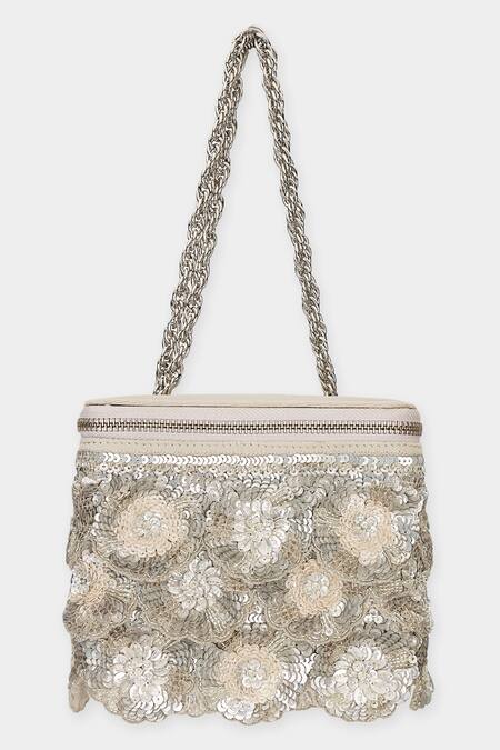 Shop Aanchal Sayal Beige Cutdana And Silver 3d Floret Embellished Box Bag Online at Aza Fashions Shop_Aanchal Sayal_Beige Cutdana And Silver 3d Floret Embellished Box Bag_Online_at_Aza_Fashions
