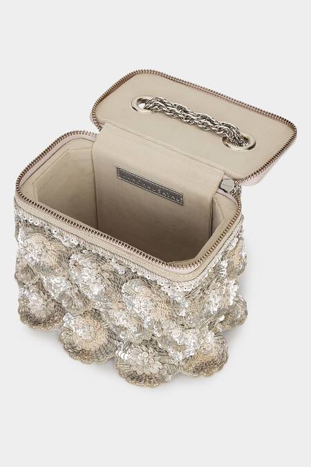 Shop Aanchal Sayal Beige Cutdana And Silver 3d Floret Embellished Box Bag at Aza Fashions Shop_Aanchal Sayal_Beige Cutdana And Silver 3d Floret Embellished Box Bag_at_Aza_Fashions