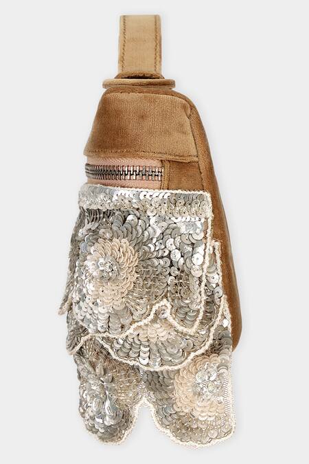 Aanchal Sayal_Brown Cutdana Tan 3d Petal Design Pouch Bag_Online_at_Aza_Fashions