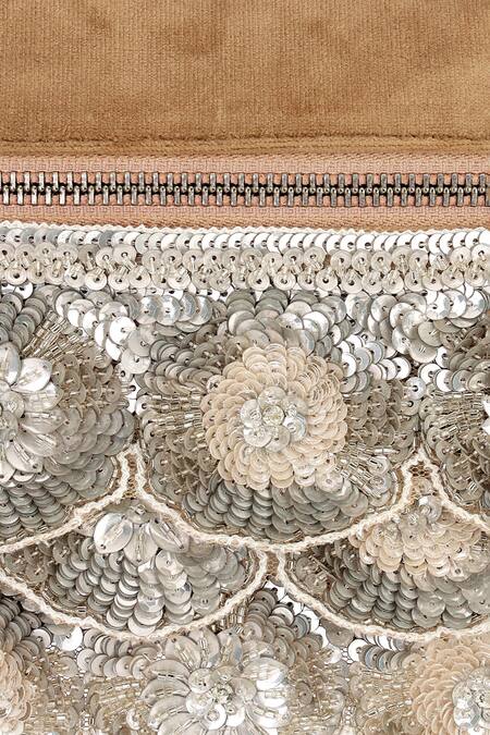 Shop_Aanchal Sayal_Brown Cutdana Tan 3d Petal Design Pouch Bag_Online_at_Aza_Fashions