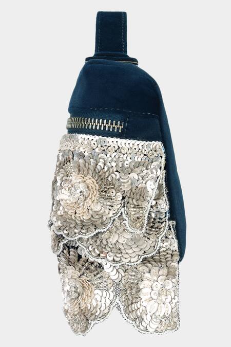 Aanchal Sayal_Blue Cutdana 3d Petal Flora Embroidered Pouch Bag_Online_at_Aza_Fashions