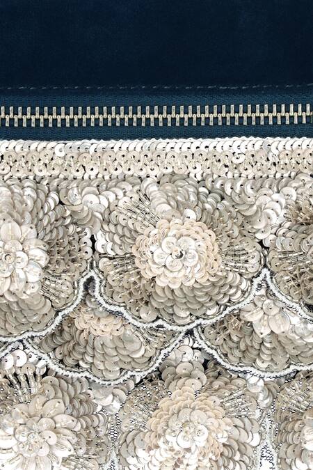 Shop_Aanchal Sayal_Blue Cutdana 3d Petal Flora Embroidered Pouch Bag_Online_at_Aza_Fashions