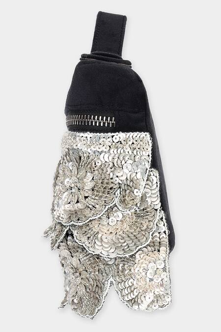 Aanchal Sayal_Black Cutdana 3d Petal Floral Embroidered Pouch Bag_Online_at_Aza_Fashions
