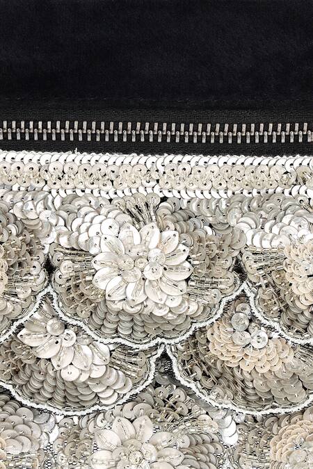 Shop_Aanchal Sayal_Black Cutdana 3d Petal Floral Embroidered Pouch Bag_Online_at_Aza_Fashions