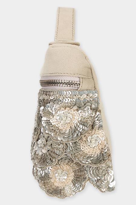 Aanchal Sayal_Beige Cutdana 3d Petal Floret Embroidered Pouch Bag_Online_at_Aza_Fashions