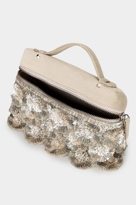 Buy_Aanchal Sayal_Beige Cutdana 3d Petal Floret Embroidered Pouch Bag_Online_at_Aza_Fashions
