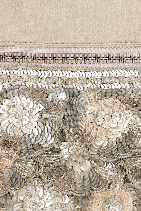 Shop_Aanchal Sayal_Beige Cutdana 3d Petal Floret Embroidered Pouch Bag_Online_at_Aza_Fashions
