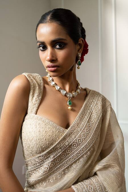 Buy_Nabo_Gold Tissue, Taffeta Diamonds, Embroidery, Tassels Hand Saree With Blouse _Online_at_Aza_Fashions