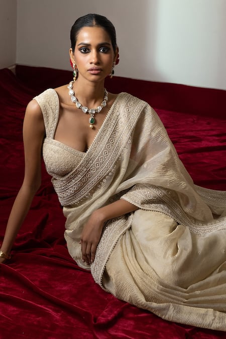 Nabo_Gold Tissue, Taffeta Diamonds, Embroidery, Tassels Hand Saree With Blouse _at_Aza_Fashions