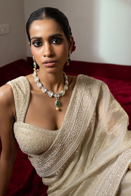 Buy_Nabo_Gold Tissue, Taffeta Diamonds, Embroidery, Tassels Hand Saree With Blouse 