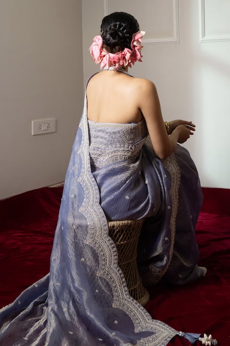 Buy_Nabo_Blue Tissue, Taffeta Tassels, Diamonds, Embroidery Dori Saree And Blouse Set 