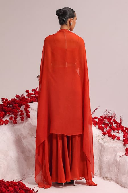 Shop Label Moni K Orange Georgette, Organza Embroidery, Sequins Floral Applique Cape Sharara Set at Aza Fashions Shop_Label Moni K_Orange Georgette, Organza Embroidery, Sequins Floral Applique Cape Sharara Set _at_Aza_Fashions