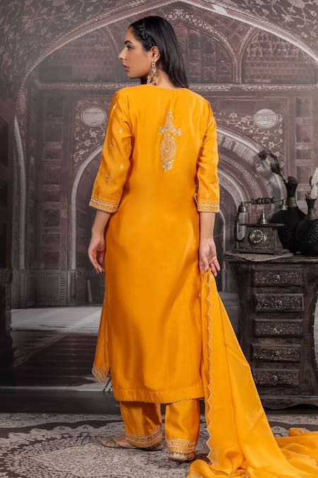Shop Label Radini Yellow Chanderi Pearls, Embroidery Scoop Neck Aari Hand Mustard Kurta Set at Aza Fashions Shop_Label Radini_Yellow Chanderi Pearls, Embroidery Scoop Neck Aari Hand Mustard Kurta Set _at_Aza_Fashions