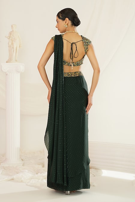 Kapda Dori Green Satin, Georgette Sequins, Embroidery, Cut Forest Pre-draped Saree Set Online at Aza Fashions Kapda Dori_Green Satin, Georgette Sequins, Embroidery, Cut Forest Pre-draped Saree Set _Online_at_Aza_Fashions