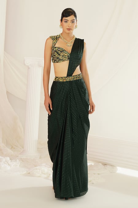 Buy Kapda Dori Green Satin, Georgette Sequins, Embroidery, Cut Forest Pre-draped Saree Set Online at Aza Fashions Buy_Kapda Dori_Green Satin, Georgette Sequins, Embroidery, Cut Forest Pre-draped Saree Set _Online_at_Aza_Fashions