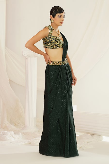 Shop Kapda Dori Green Satin, Georgette Sequins, Embroidery, Cut Forest Pre-draped Saree Set Online at Aza Fashions Shop_Kapda Dori_Green Satin, Georgette Sequins, Embroidery, Cut Forest Pre-draped Saree Set _Online_at_Aza_Fashions