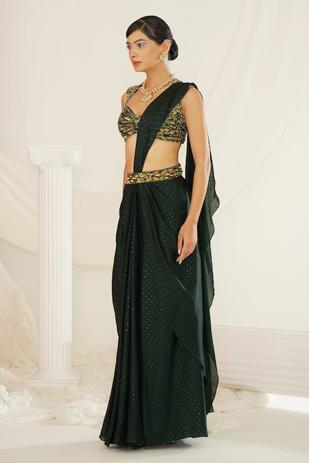 Kapda Dori Green Satin, Georgette Sequins, Embroidery, Cut Forest Pre-draped Saree Set at Aza Fashions Kapda Dori_Green Satin, Georgette Sequins, Embroidery, Cut Forest Pre-draped Saree Set _at_Aza_Fashions