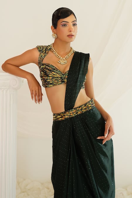 Buy Kapda Dori Green Satin, Georgette Sequins, Embroidery, Cut Forest Pre-draped Saree Set Buy_Kapda Dori_Green Satin, Georgette Sequins, Embroidery, Cut Forest Pre-draped Saree Set