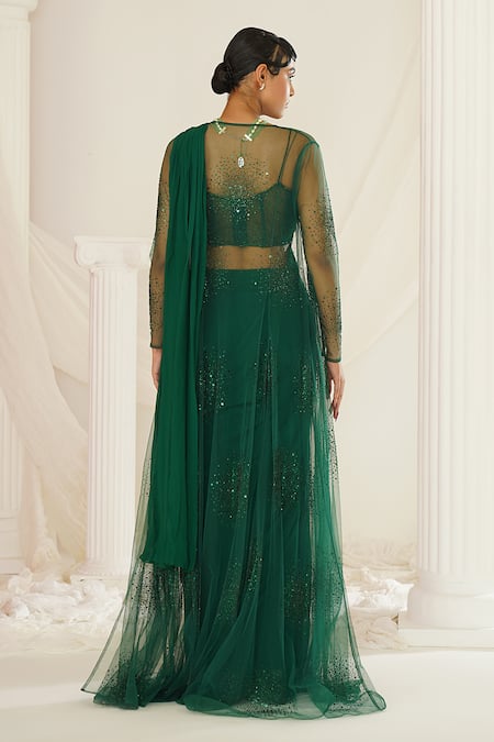 Kapda Dori Green Net, Georgette, Linen Sequins, Bottle Pre-draped Saree And Jacket Set Online at Aza Fashions Kapda Dori_Green Net, Georgette, Linen Sequins, Bottle Pre-draped Saree And Jacket Set _Online_at_Aza_Fashions
