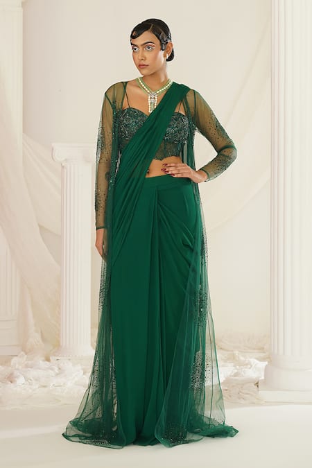 Buy Kapda Dori Green Net, Georgette, Linen Sequins, Bottle Pre-draped Saree And Jacket Set Online at Aza Fashions Buy_Kapda Dori_Green Net, Georgette, Linen Sequins, Bottle Pre-draped Saree And Jacket Set _Online_at_Aza_Fashions