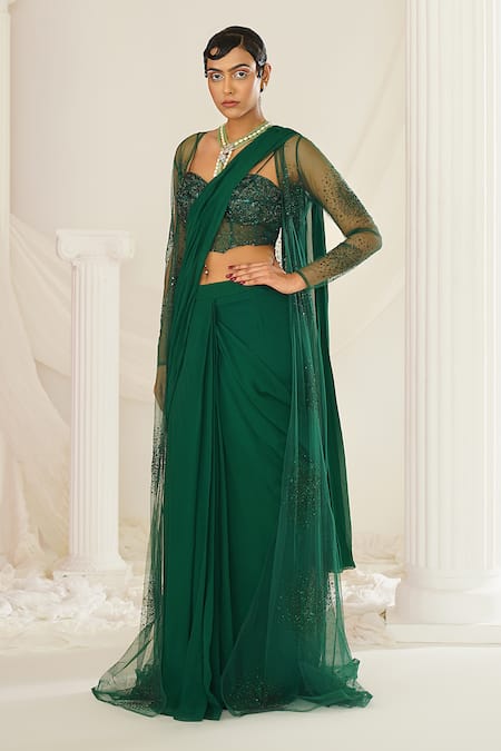 Shop Kapda Dori Green Net, Georgette, Linen Sequins, Bottle Pre-draped Saree And Jacket Set Online at Aza Fashions Shop_Kapda Dori_Green Net, Georgette, Linen Sequins, Bottle Pre-draped Saree And Jacket Set _Online_at_Aza_Fashions