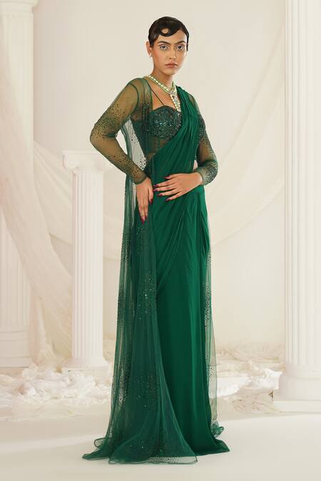 Kapda Dori Green Net, Georgette, Linen Sequins, Bottle Pre-draped Saree And Jacket Set at Aza Fashions Kapda Dori_Green Net, Georgette, Linen Sequins, Bottle Pre-draped Saree And Jacket Set _at_Aza_Fashions