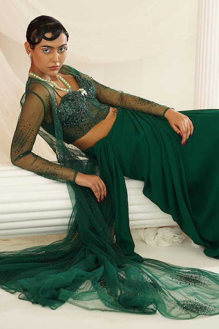 Shop Kapda Dori Green Net, Georgette, Linen Sequins, Bottle Pre-draped Saree And Jacket Set Shop_Kapda Dori_Green Net, Georgette, Linen Sequins, Bottle Pre-draped Saree And Jacket Set