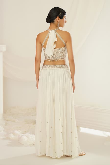 Shop Kapda Dori White Georgette Pearls, Sequins, Stones, Hand Embroidered Blouse Palazzo Set at Aza Fashions Shop_Kapda Dori_White Georgette Pearls, Sequins, Stones, Hand Embroidered Blouse Palazzo Set _at_Aza_Fashions