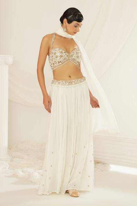 Kapda Dori White Georgette Pearls, Sequins, Stones, Hand Embroidered Blouse Palazzo Set Online at Aza Fashions Kapda Dori_White Georgette Pearls, Sequins, Stones, Hand Embroidered Blouse Palazzo Set _Online_at_Aza_Fashions