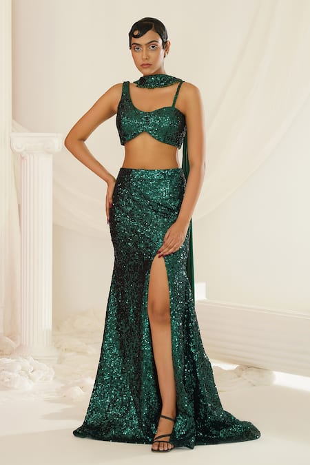 Kapda Dori Green Net, Georgette, Silk Sequins Sweetheart Bottle Embellished Skirt Set Online at Aza Fashions Kapda Dori_Green Net, Georgette, Silk Sequins Sweetheart Bottle Embellished Skirt Set _Online_at_Aza_Fashions