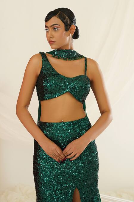 Shop Kapda Dori Green Net, Georgette, Silk Sequins Sweetheart Bottle Embellished Skirt Set Online at Aza Fashions Shop_Kapda Dori_Green Net, Georgette, Silk Sequins Sweetheart Bottle Embellished Skirt Set _Online_at_Aza_Fashions