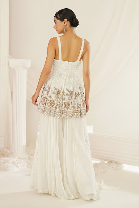 Shop Kapda Dori White Georgette Embroidery, Sequins, Stones Tonal Peplum Tunic Sharara Set at Aza Fashions Shop_Kapda Dori_White Georgette Embroidery, Sequins, Stones Tonal Peplum Tunic Sharara Set _at_Aza_Fashions