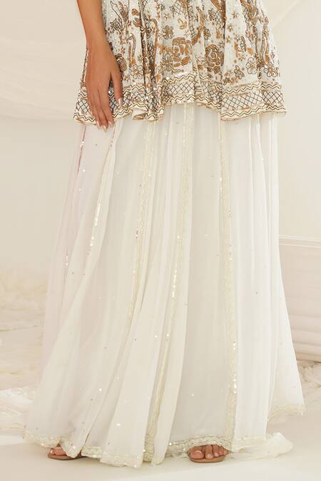 Kapda Dori White Georgette Embroidery, Sequins, Stones Tonal Peplum Tunic Sharara Set Online at Aza Fashions Kapda Dori_White Georgette Embroidery, Sequins, Stones Tonal Peplum Tunic Sharara Set _Online_at_Aza_Fashions