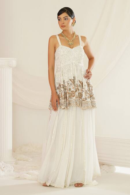 Buy Kapda Dori White Georgette Embroidery, Sequins, Stones Tonal Peplum Tunic Sharara Set Online at Aza Fashions Buy_Kapda Dori_White Georgette Embroidery, Sequins, Stones Tonal Peplum Tunic Sharara Set _Online_at_Aza_Fashions